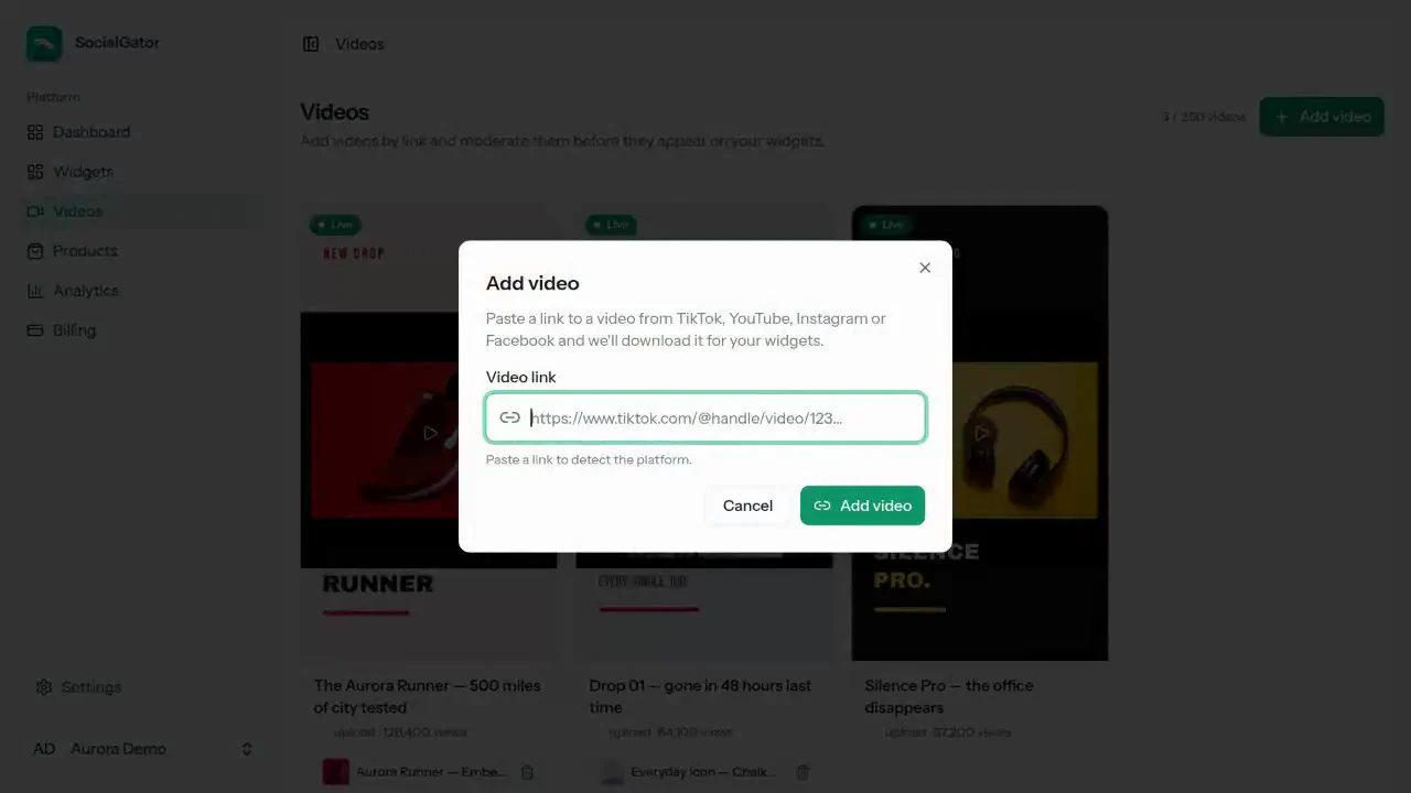 Screen recording of the Socialgator videos library: a TikTok video card downloaded and ready to embed.