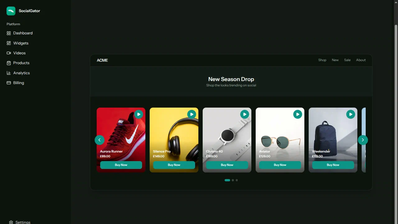 Shoppable video carousel rendered live on a storefront.